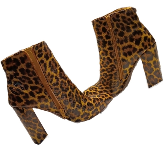 Leopard Print Ankle Booties Mob Wife Wm 8 Zip Closure 4" Block Heel Yellow Brown - Picture 3 of 5